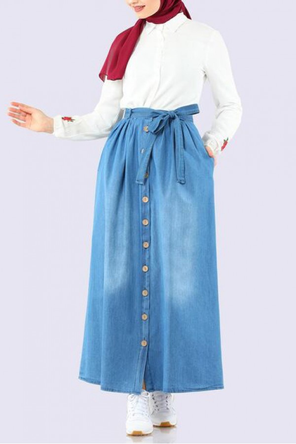 Düğmeli Kot Etek